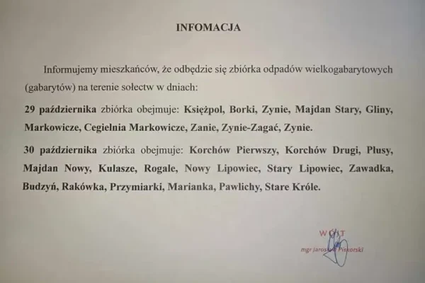 Zbiórka odpadów wielkogabarytowych w gminie Księżpol – harmonogram na koniec października