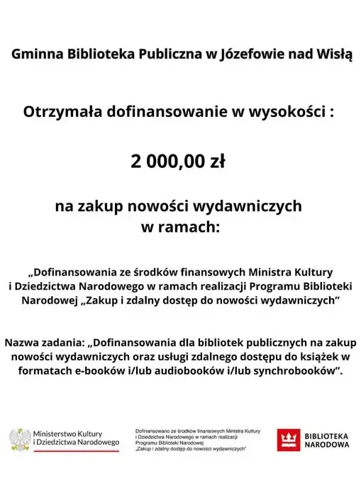 Józefów nad Wisłą: biblioteka z dotacją 2 tys. zł na nowe książki